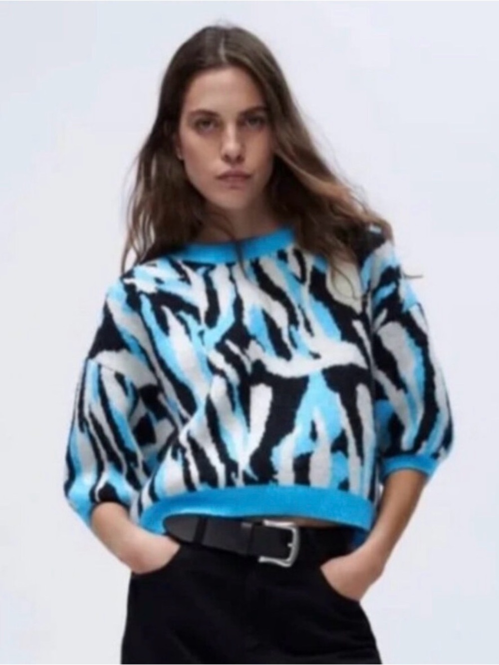 Zara Blue, Black & White Zebra-Print Short Crew Sweater Sz S